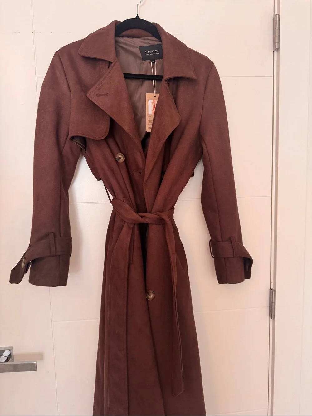 Suede Brown Trench Coat with Belt - Picture 5 of 5